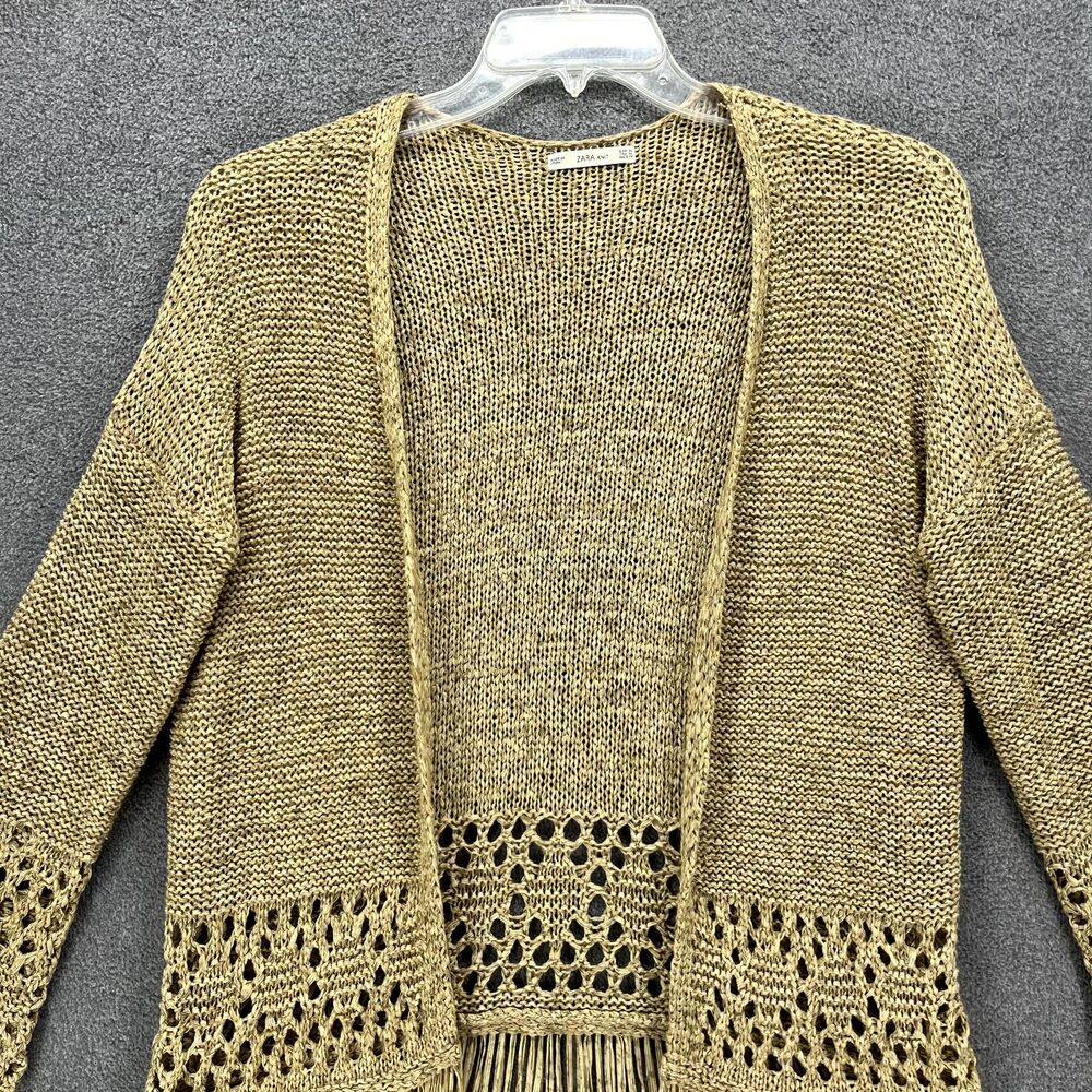 Zara Knit Cardigan Medium Tan Open Crochet Fringe Tassels Taupe raglan sleeve - Picture 4 of 16